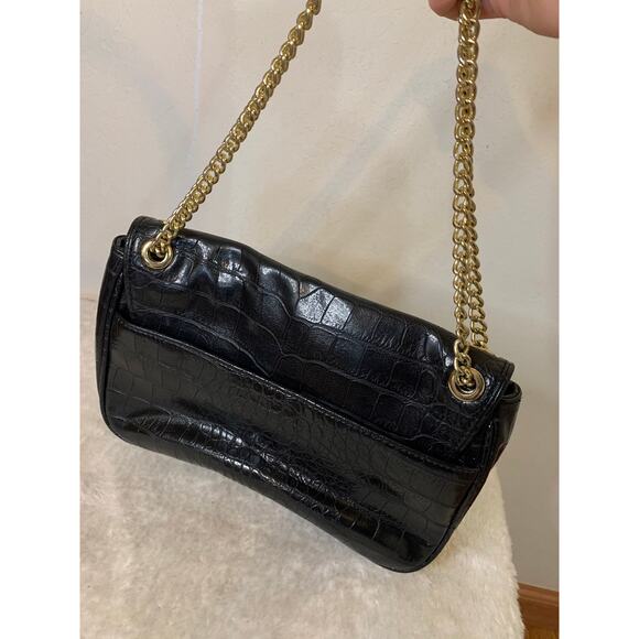 Anne Klein Black Faux Crocodile Skin Purse with Gold Chain Strap - Picture 2 of 10